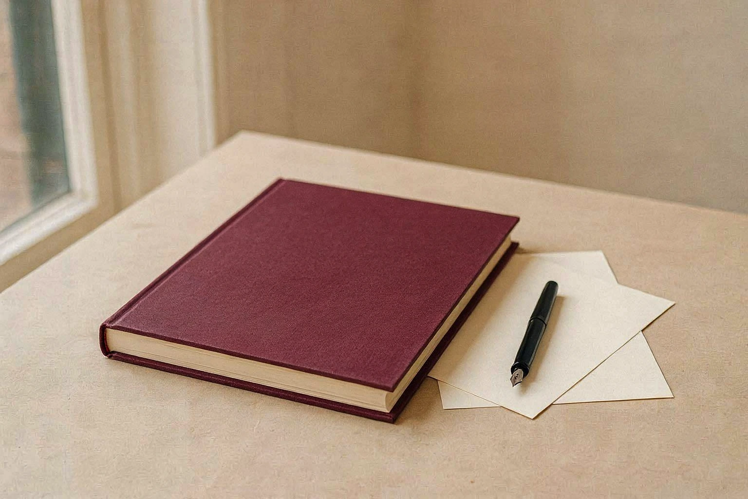 Bordowa oprawa książki, pióro i kartki na drewnianym stole. Fotografia ilustracyjna AI.