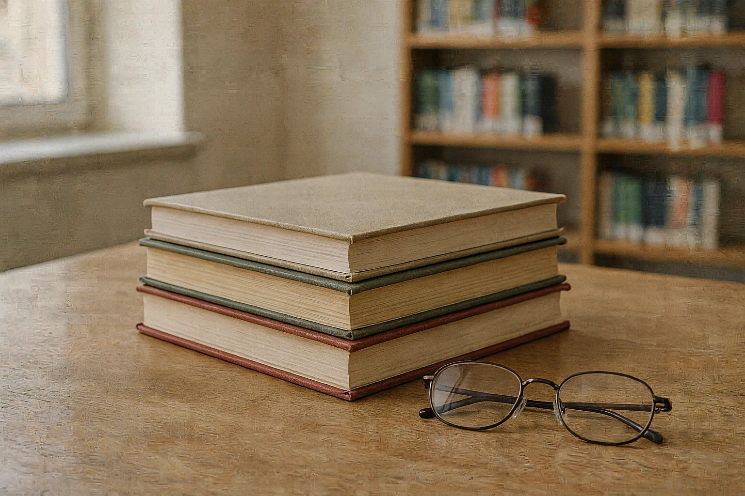Książki i okulary na stole w bibliotece. Fotografia ilustracyjna AI.