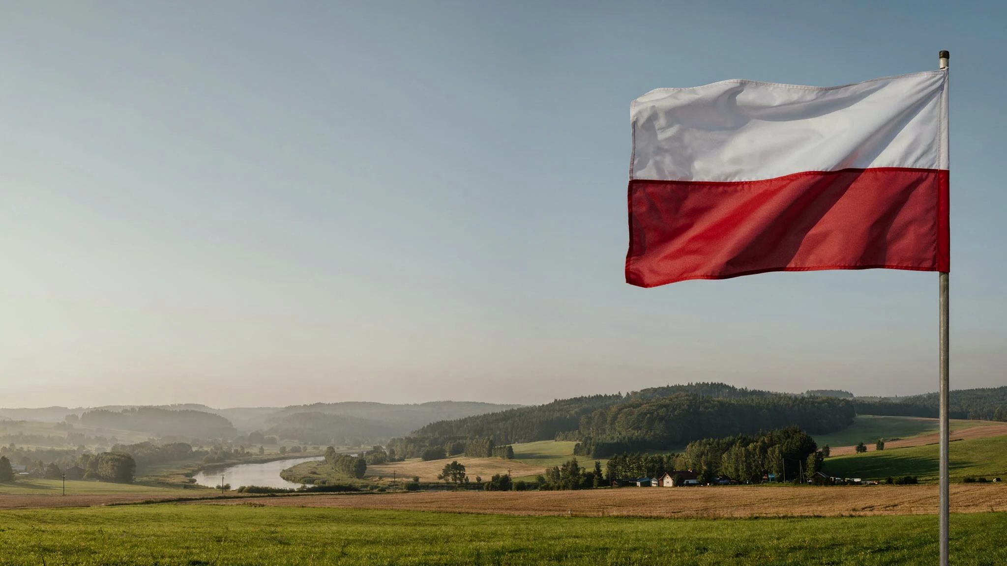 Biało-czerwona flaga nad spokojnym krajobrazem Polski. Ilustracja wygenerowana przez AI.