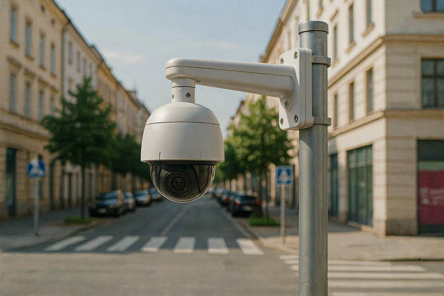 Miejska kamera monitoringu nad ulicą i przejściem dla pieszych. Fikcyjna fotografia ilustracyjna AI.