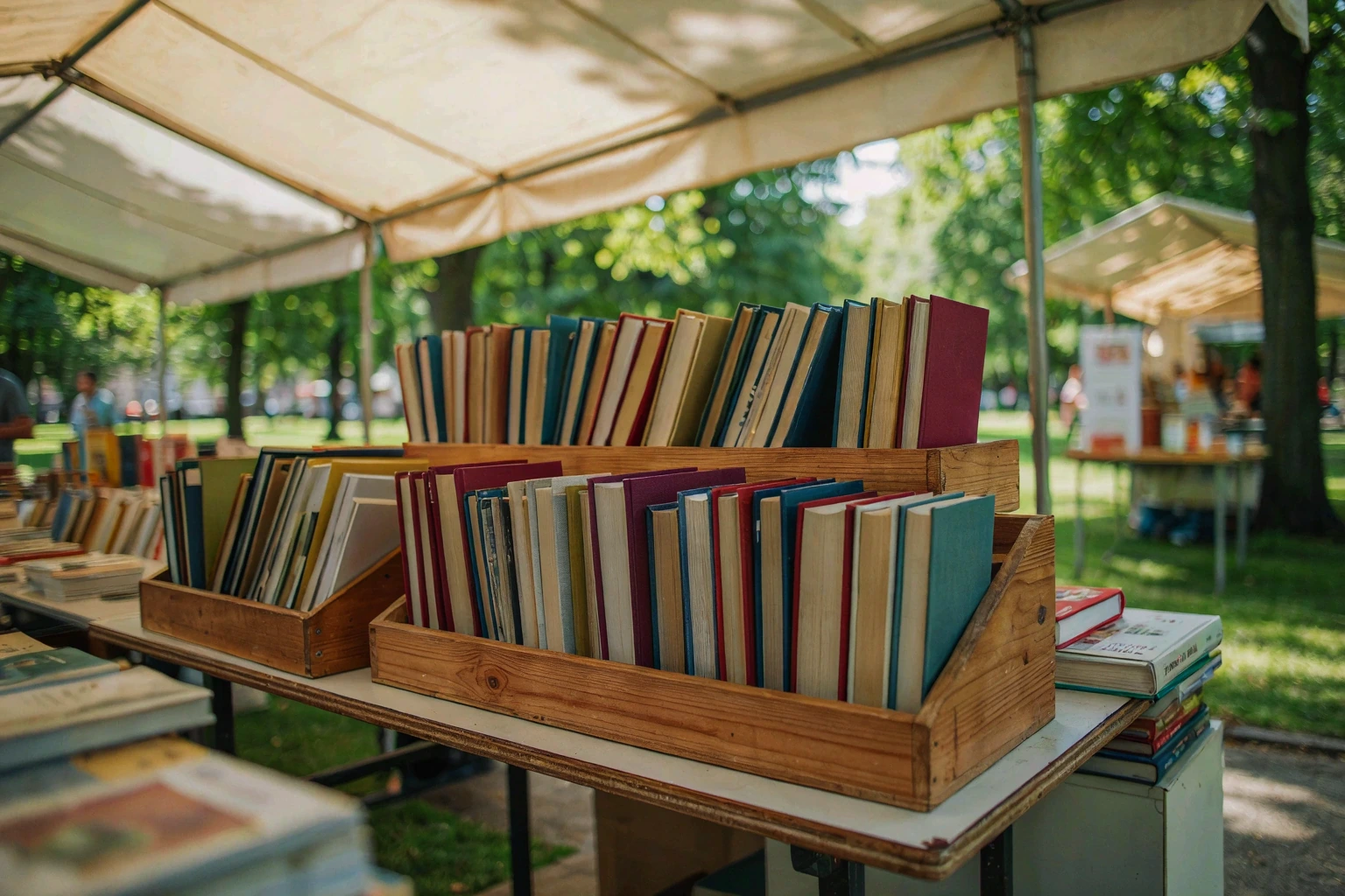 Stoisko z książkami pod jasnym namiotem na plenerowym kiermaszu. Fikcyjna fotografia ilustracyjna AI.