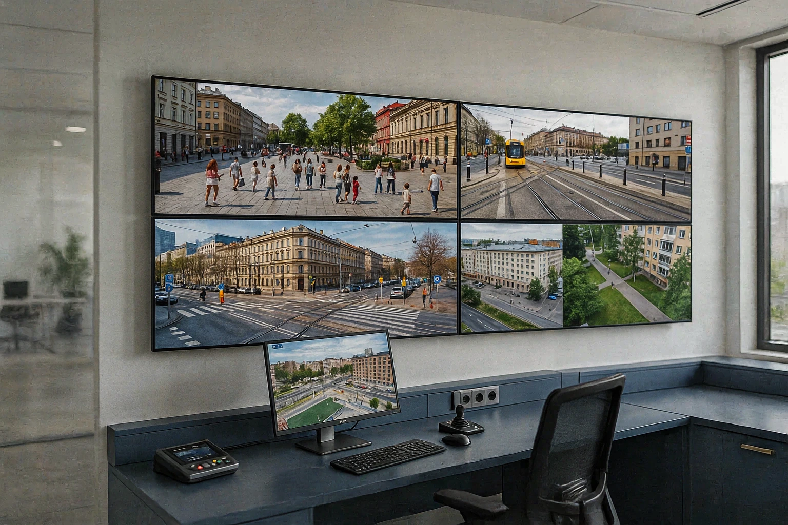 Miejskie centrum monitoringu z ekranami pokazującymi ulice i przejścia dla pieszych. Fikcyjna fotografia ilustracyjna AI.